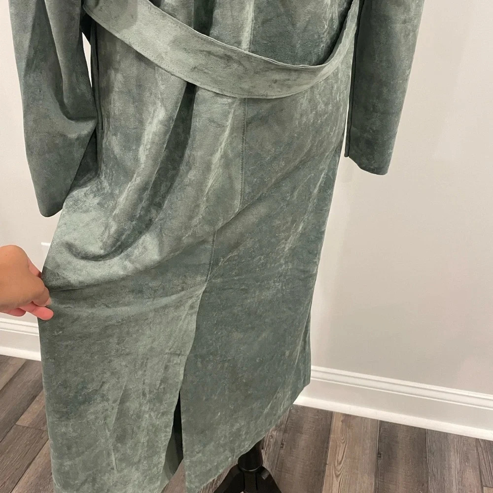 Anthropologie Blank NYC Green Faux Suede Plush Belted Trench Coat Jacket Sz XS - Picture 10 of 14